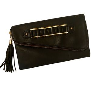 Black Vegan leather asymmetrical gold zipper snap closure clutch.